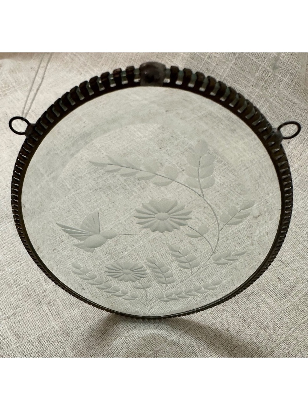 Vintage Oval Etched Glass Sun Catcher w/ Hummingbird and Flowers (No String)